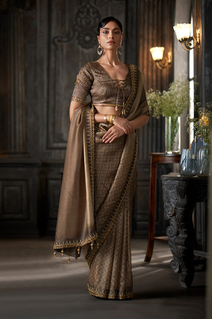 Metallic Embellished Coffee Saree with Intricate Zari Border and heavy sleeve Detailed Blouse