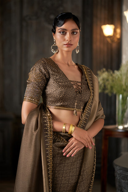 Metallic Embellished Coffee Saree with Intricate Zari Border and heavy sleeve Detailed Blouse