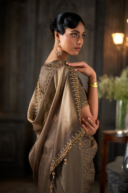 Metallic Embellished Coffee Saree with Intricate Zari Border and heavy sleeve Detailed Blouse