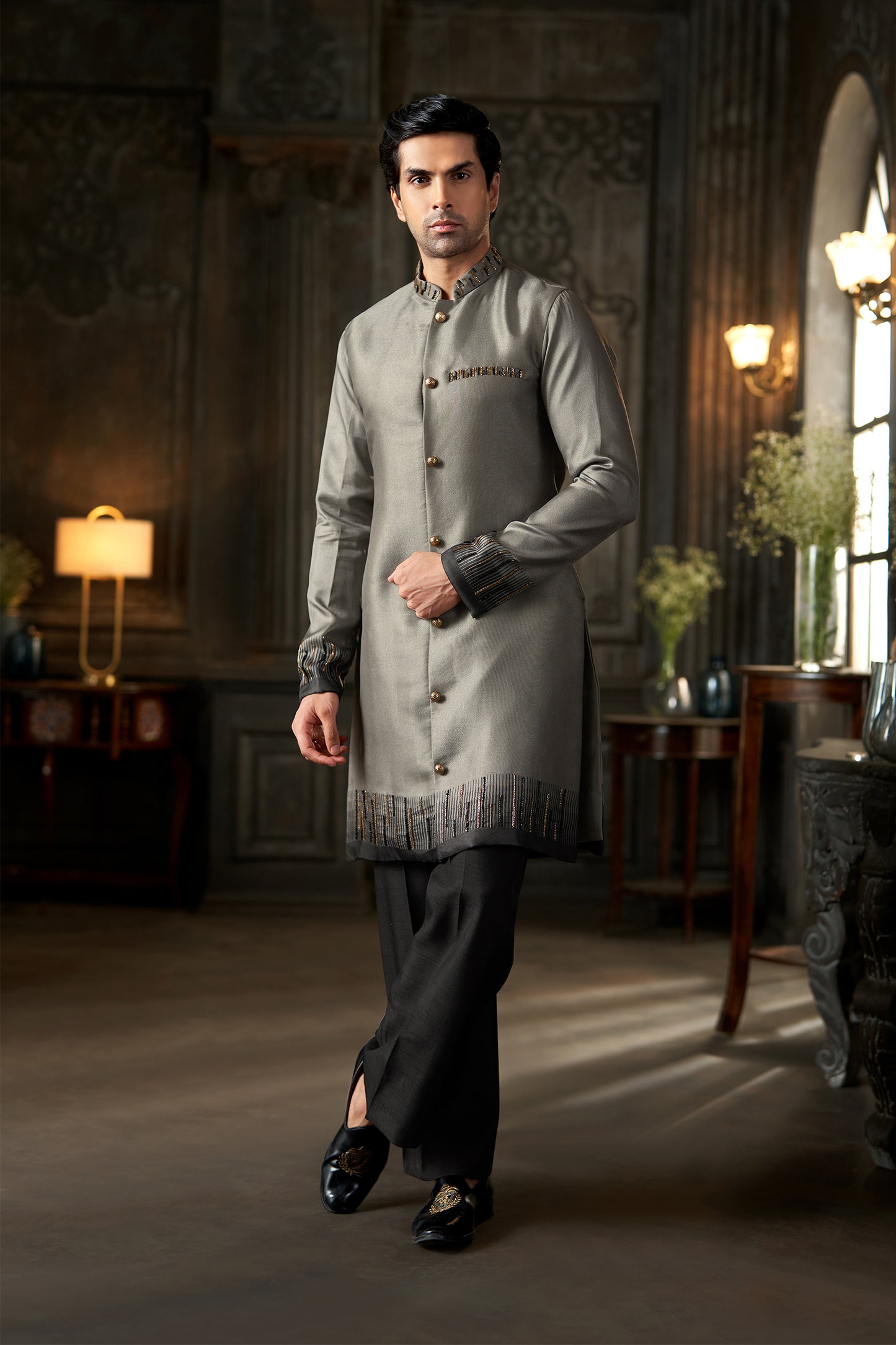 Metallic Grey Embroidered Jodhpuri Sherwani with Black Formal Trousers