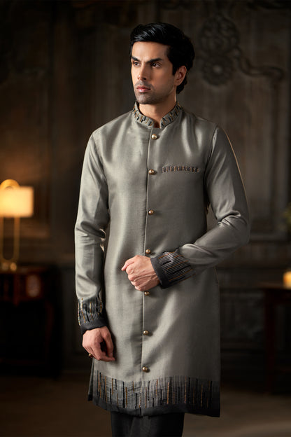 Metallic Grey Embroidered Jodhpuri Sherwani with Black Formal Trousers