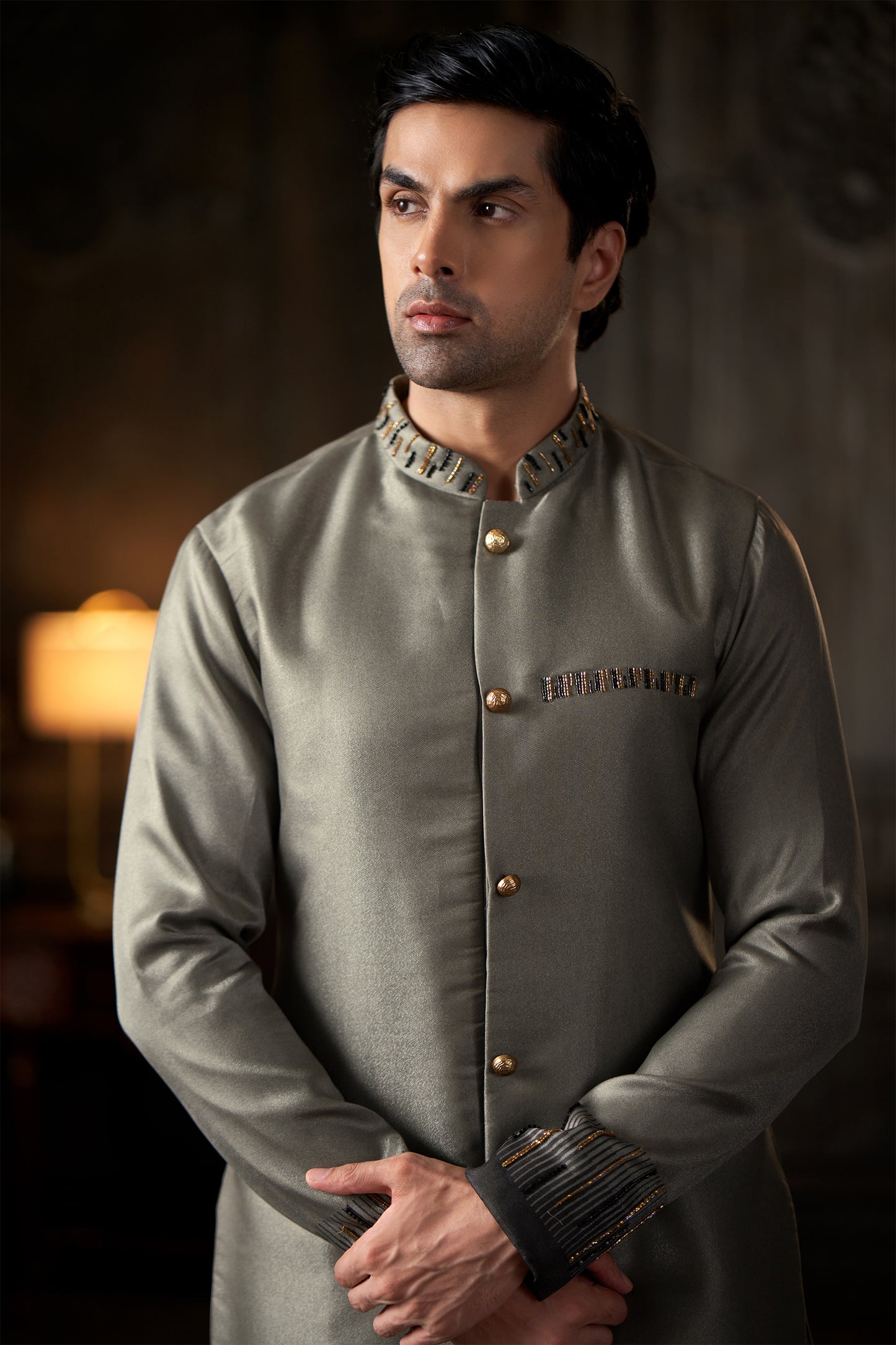 Metallic Grey Embroidered Jodhpuri Sherwani with Black Formal Trousers
