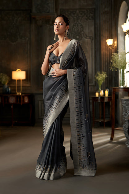 Metallic Black Embellished Saree with Silver Border and Tasselled  Blouse