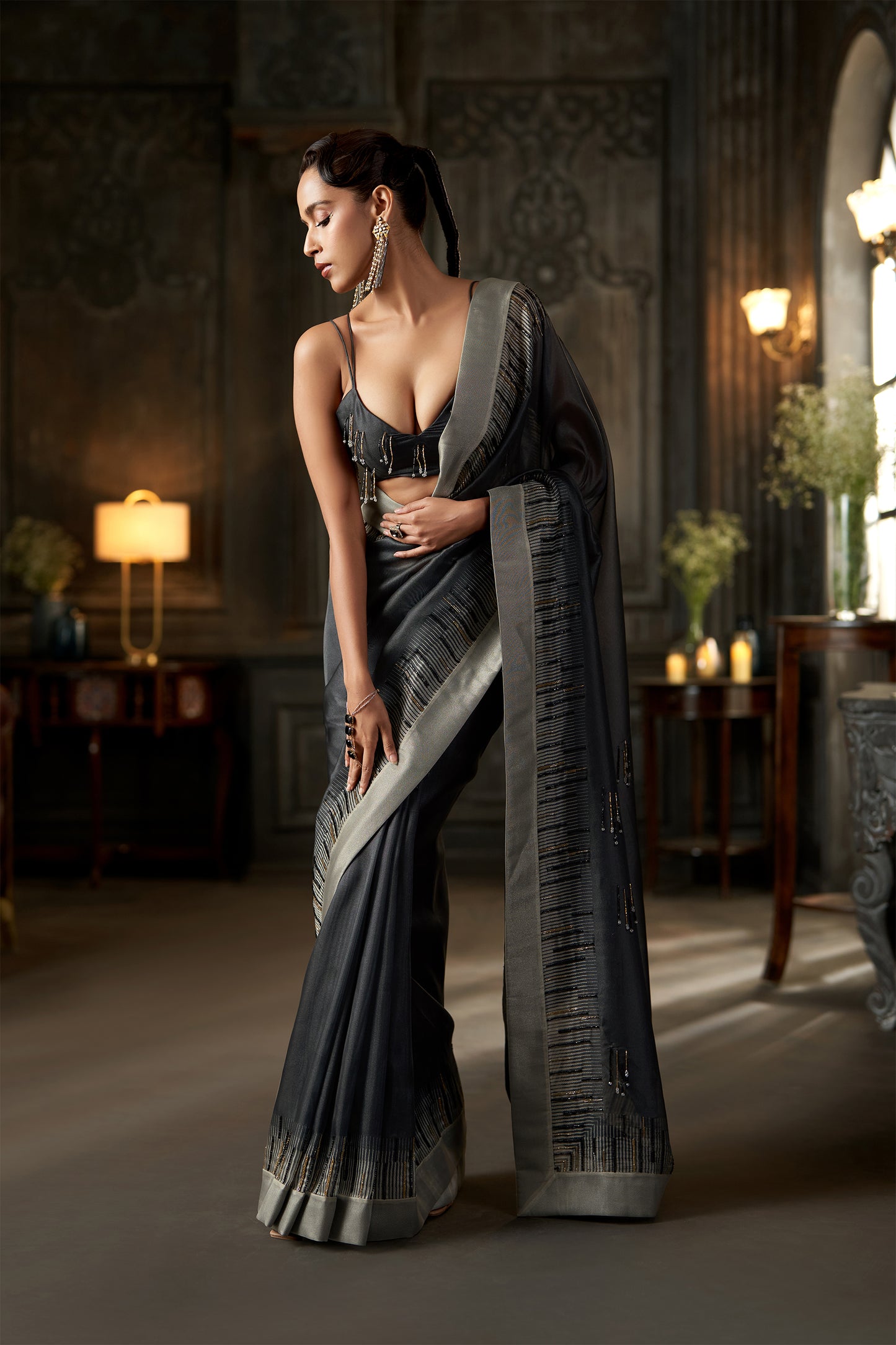 Metallic Black Embellished Saree with Silver Border and Tasselled  Blouse