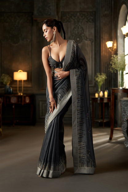 Metallic Black Embellished Saree with Silver Border and Tasselled  Blouse