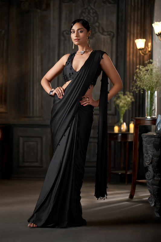 Black Embellished stitched Saree with Beaded Work V-Neck Blouse