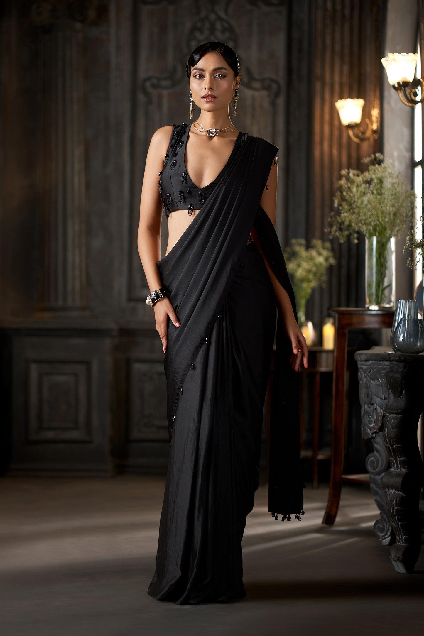 Black Embellished stitched Saree with Beaded Work V-Neck Blouse