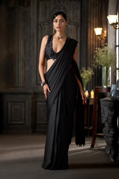 Black Embellished stitched Saree with Beaded Work V-Neck Blouse
