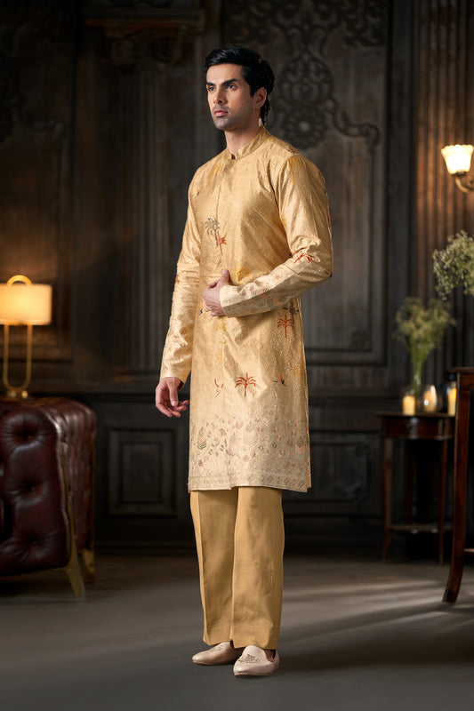 Embroidered Beige Men's Achkan Kurta with Contrast Cuffs and Trousers