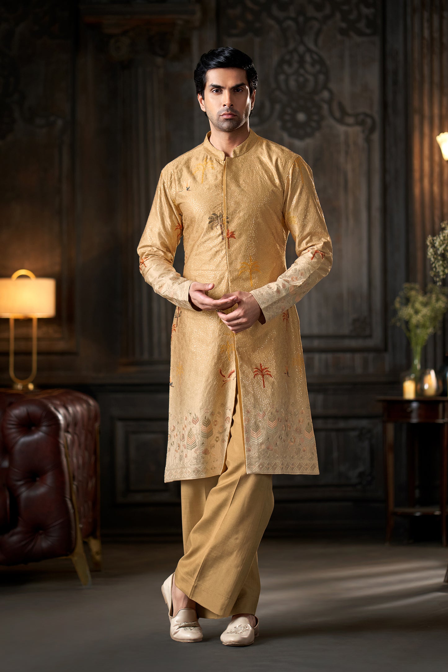 Embroidered Beige Men's Achkan Kurta with Contrast Cuffs and Trousers