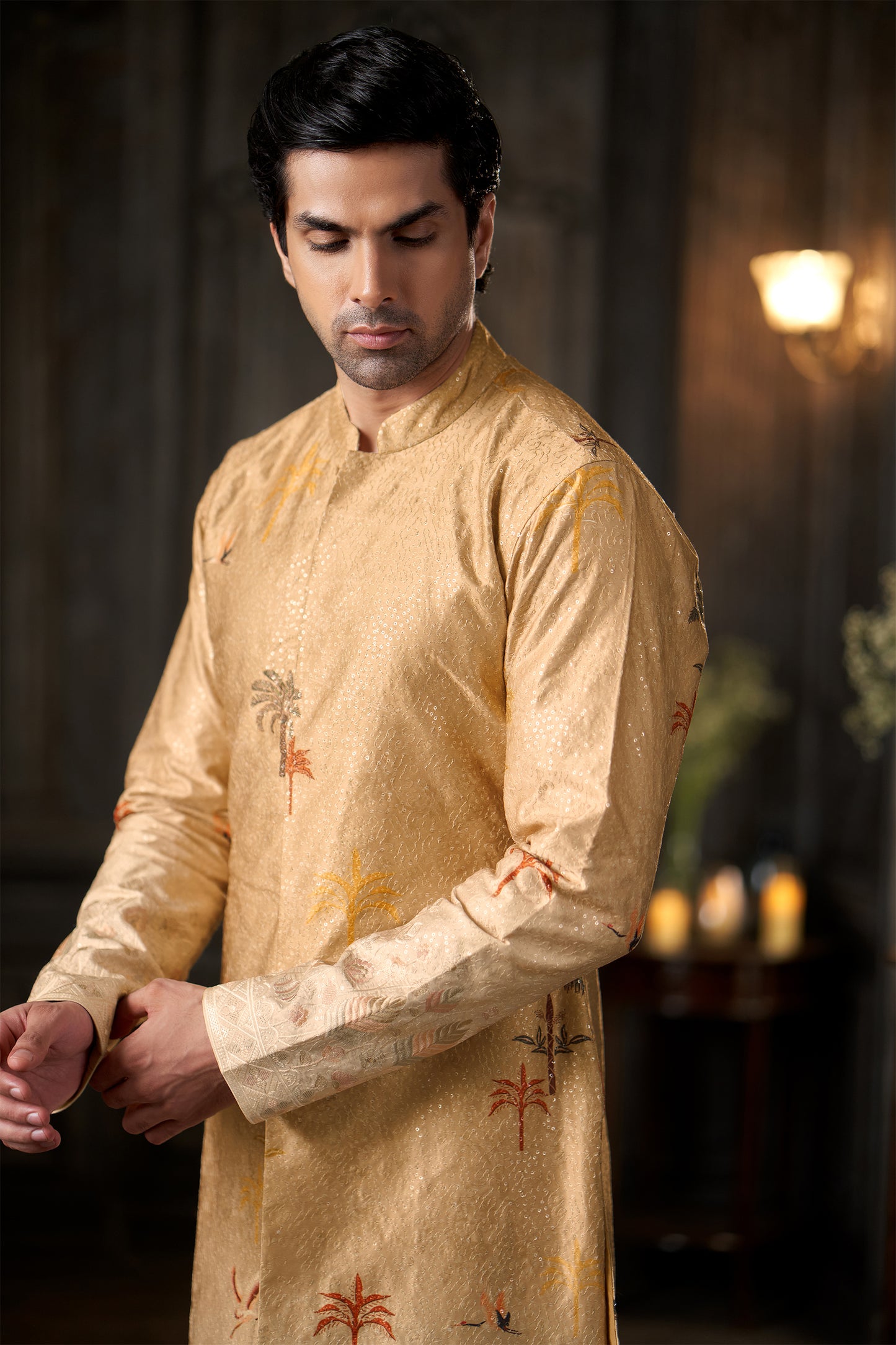 Embroidered Beige Men's Achkan Kurta with Contrast Cuffs and Trousers