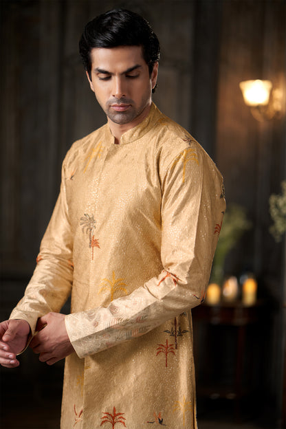 Embroidered Beige Men's Achkan Kurta with Contrast Cuffs and Trousers