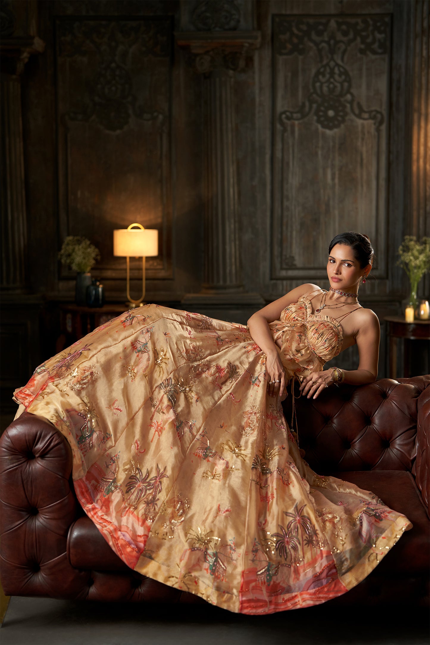 Floral Printed Peach Peplum Camisole Top with Sequined Lehenga Skirt