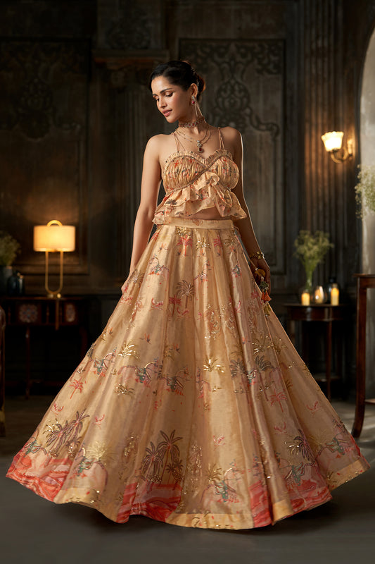 Floral Printed Peach Peplum Camisole Top with Sequined Lehenga Skirt