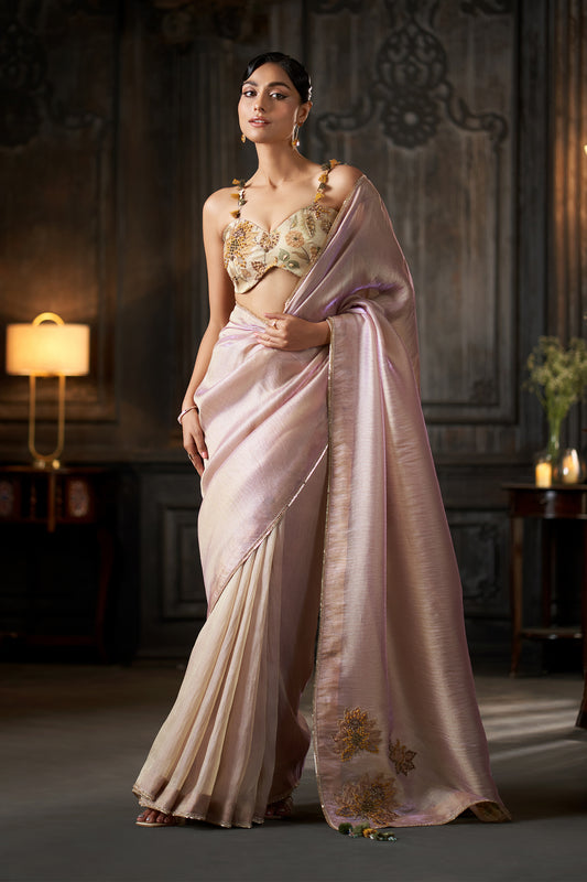 Dual tone Floral Embroidered Saree with Embellished bustier Blouse