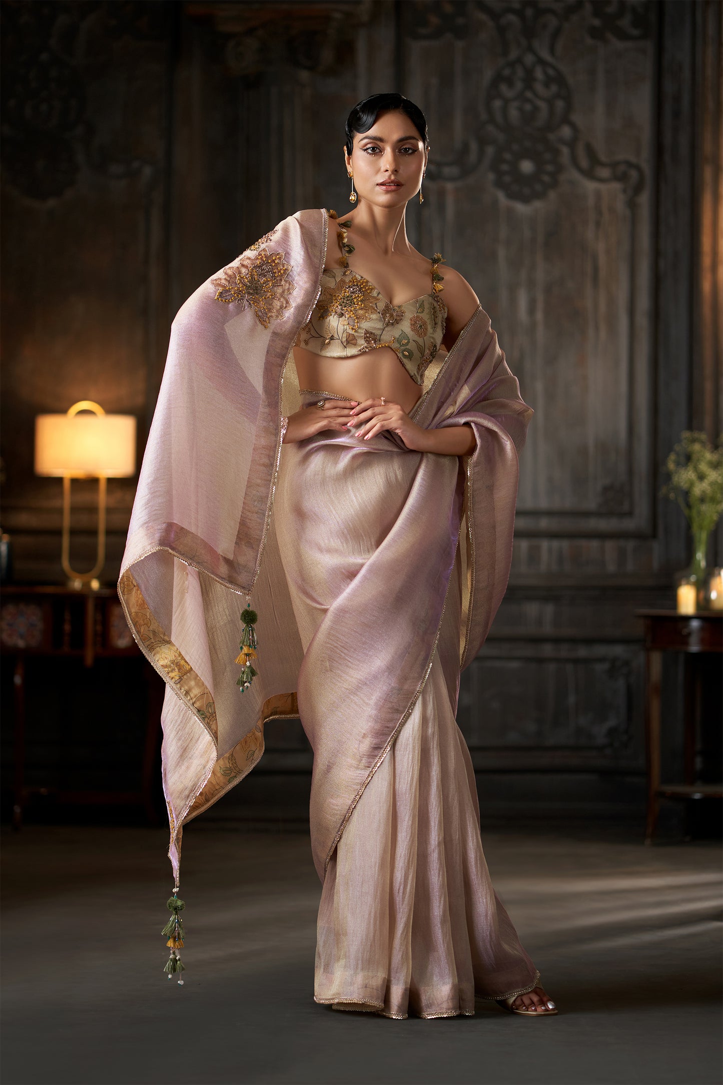 Dual tone Floral Embroidered Saree with Embellished bustier Blouse