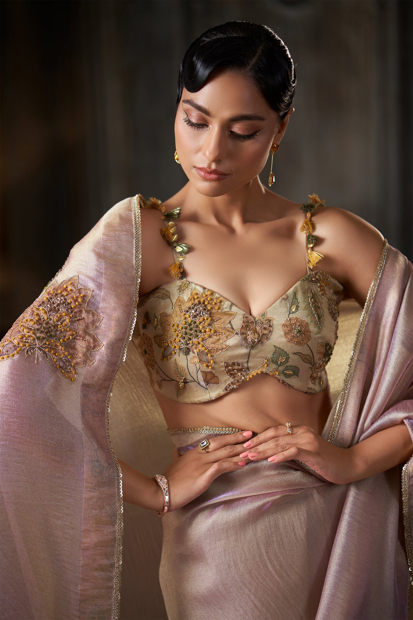 Dual tone Floral Embroidered Saree with Embellished bustier Blouse