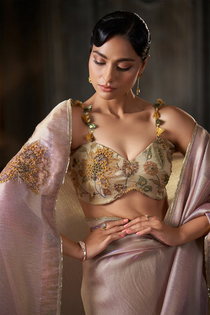 Dual tone Floral Embroidered Saree with Embellished bustier Blouse
