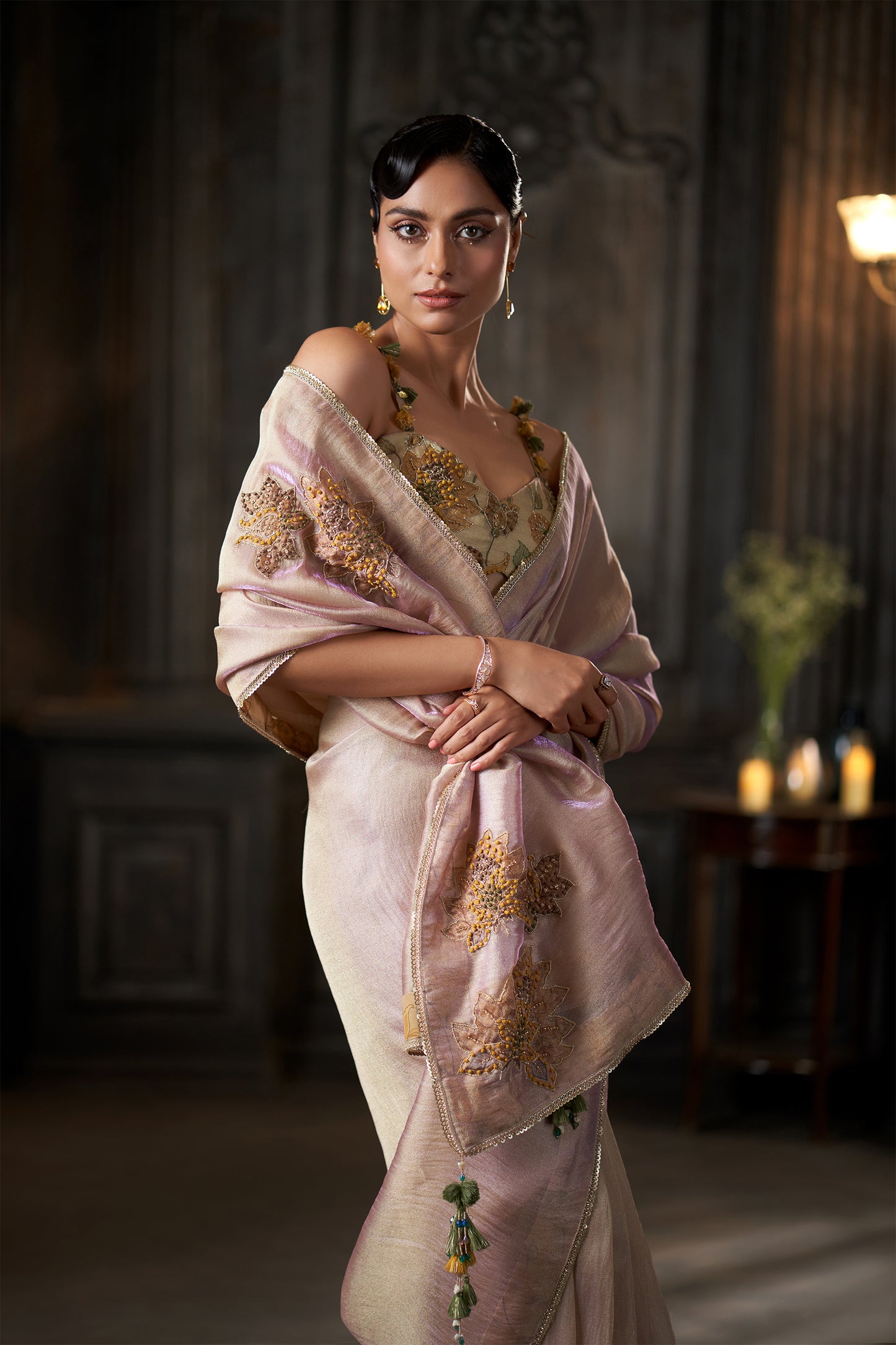 Dual tone Floral Embroidered Saree with Embellished bustier Blouse