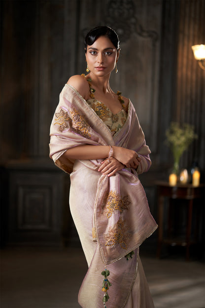 Dual tone Floral Embroidered Saree with Embellished bustier Blouse