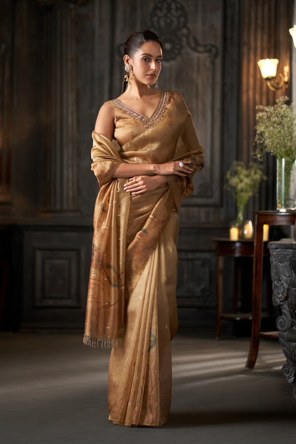 Peacock Printed Golden Saree with Embellished V-Neck Blouse