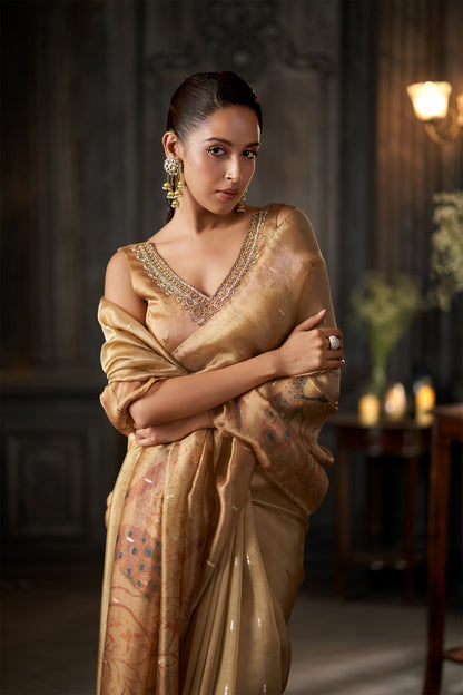 Peacock Printed Golden Saree with Embellished V-Neck Blouse