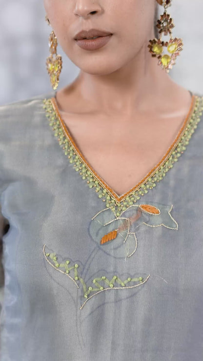 Embroidered Grey Straight Kurta with Printed Palazzos and Peach Dupatta