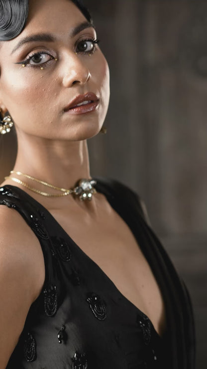 Black Embellished stitched Saree with Beaded Work V-Neck Blouse
