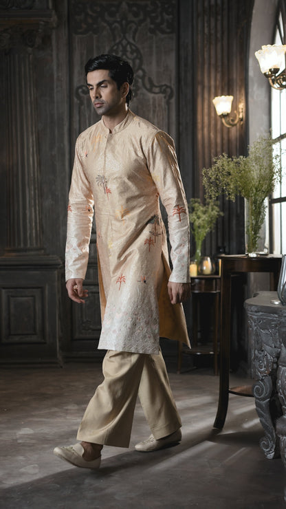 Embroidered Beige Men's Achkan Kurta with Contrast Cuffs and Trousers