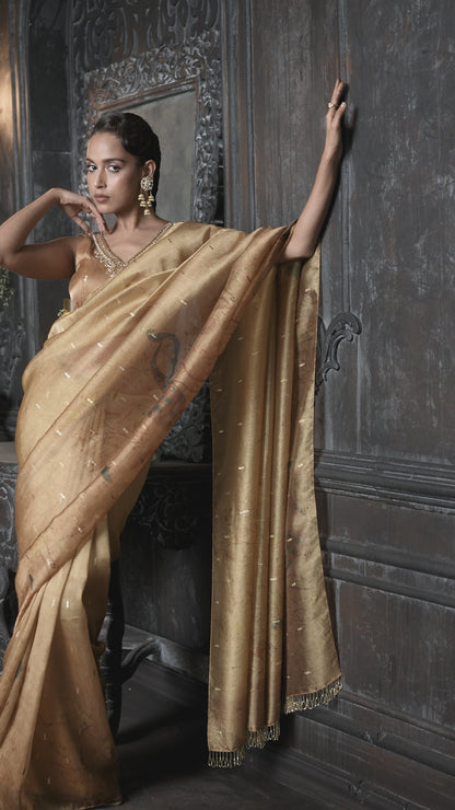 Peacock Printed Golden Saree with Embellished V-Neck Blouse