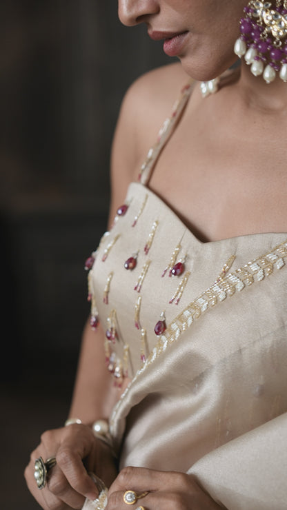 Off-White Saree with Zari Border and Beaded bustier Blouse