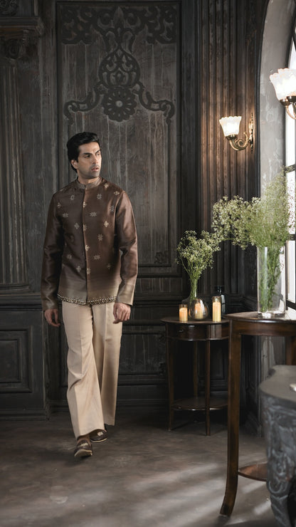 Embroidered Chocolate Brown Short Jacket Sherwani with Beige Formal Trousers