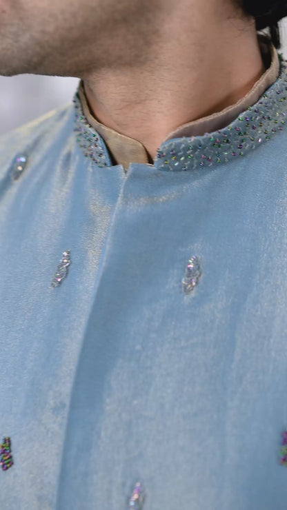 Embroidered Powder Blue Jacket Men's Long Kurta with Sheer Sleeves and Trousers