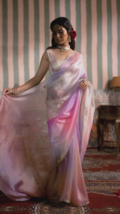 Sky Blush Satin Silk Organza Saree