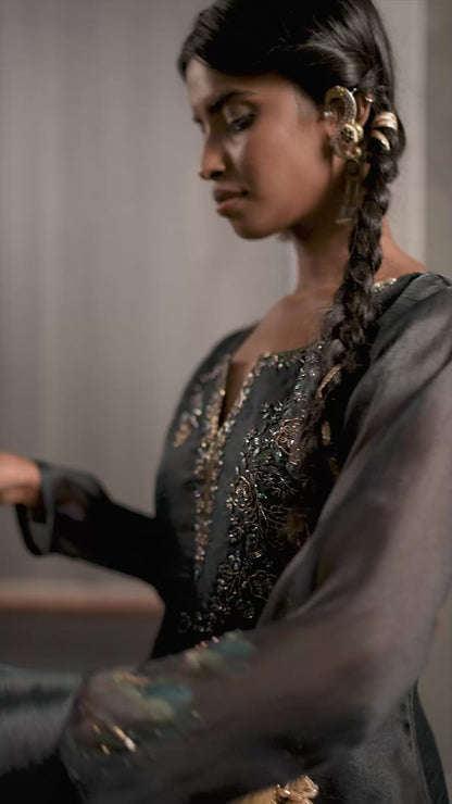 Charcoal Black Printed Designer Suit Set with Plazzo Pants