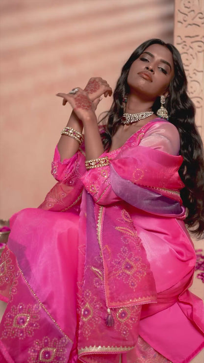 Pink Ombre Bandhani Print Silk Suit Set with Embroidered Dupatta