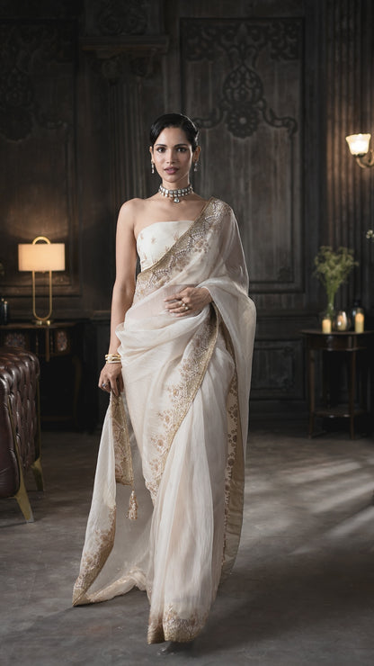 Off-White Embroidered Saree  Blouse and Zari handwork Border