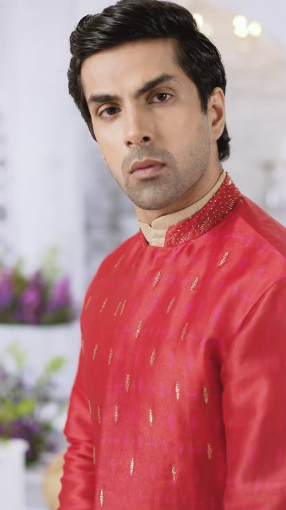 Embroidered Red Men's Open-Front Sherwani with Beige  Kurta and Trousers
