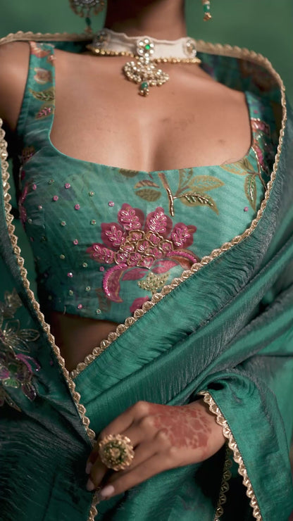 Classic Emerald Green Satin Organza Silk Saree