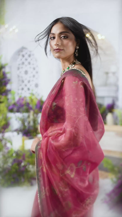 Rose Pink Floral Printed Saree with Contrast Green hand Embroidered Blouse