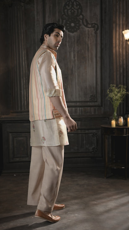 Striped Multi-Color Embroidered Nehru Jacket with Printed Cream Kurta and Trousers