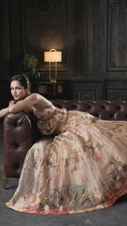 Floral Printed Peach Peplum Camisole Top with Sequined Lehenga Skirt