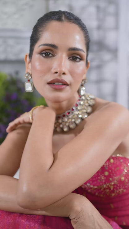 Embellished Rani Pink Sweetheart Corset Top with Embroidered Lehenga Skirt
