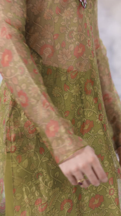 Floral Printed Mehendi Green Men's Sheer Kurta with Embellished Farshi Pant Set