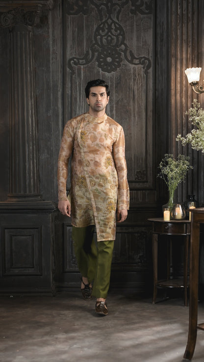 Floral Printed Beige Angrakha Kurta with Olive Green Trousers