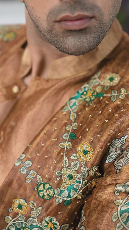 Floral Printed Mustard Men's Nehru Jacket with Inner Indo - Western