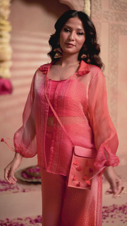 Sunset Red Ombré Bandhani Printed Co-Ord Set with Wide-Leg Pants