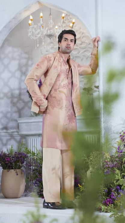 Floral Printed Peach Men's Kurta with Bomber Jacket and Straight Trousers