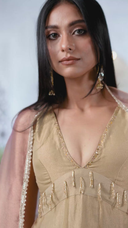 Embellished Gold Anarkali Kurta with Flared Palazzos and Floral Print Dupatta
