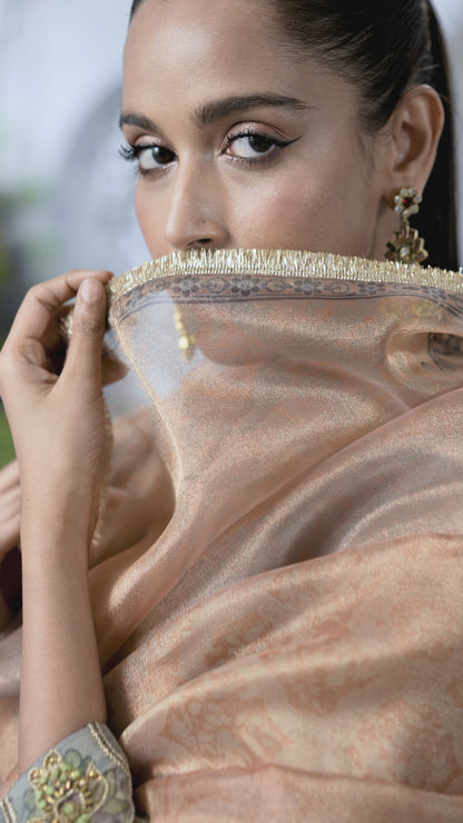 Embroidered Grey Straight Kurta with Printed Palazzos and Peach Dupatta